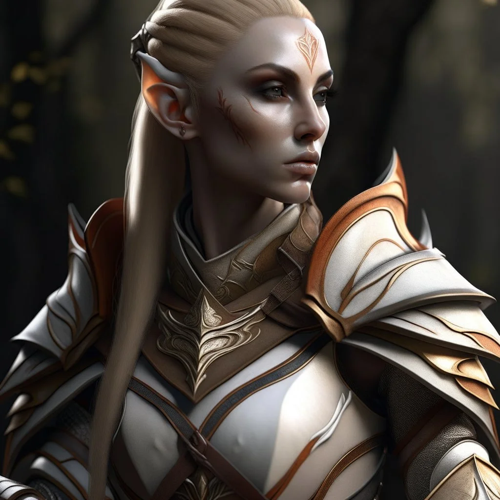 a pretty high elf from Skyrim, gritty realism, warrior, dwarven armour