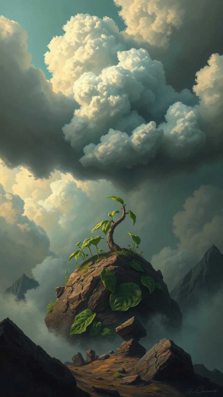 Plant earth completely destroyed in sad theme clouds and sturdy weather in Bsosh nightmares style painting