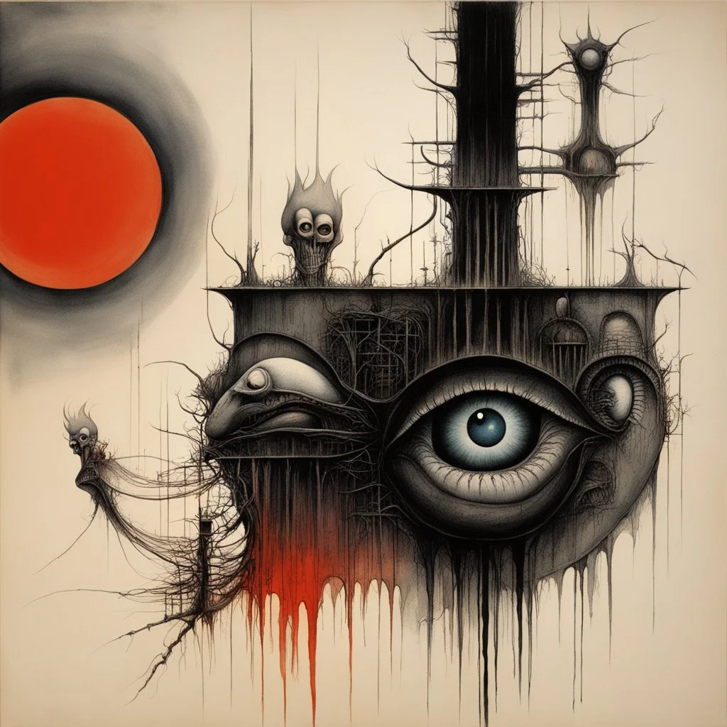 by Gerald Scarfe and Alexander Jansson, oddball daydream, fear is all you know, eclipses were made to be broken, phobia, abstract surrealism, moody, sinister, profound, dramatic, high resolution, creepy, pen and ink illustration, horror, by H.R Giger