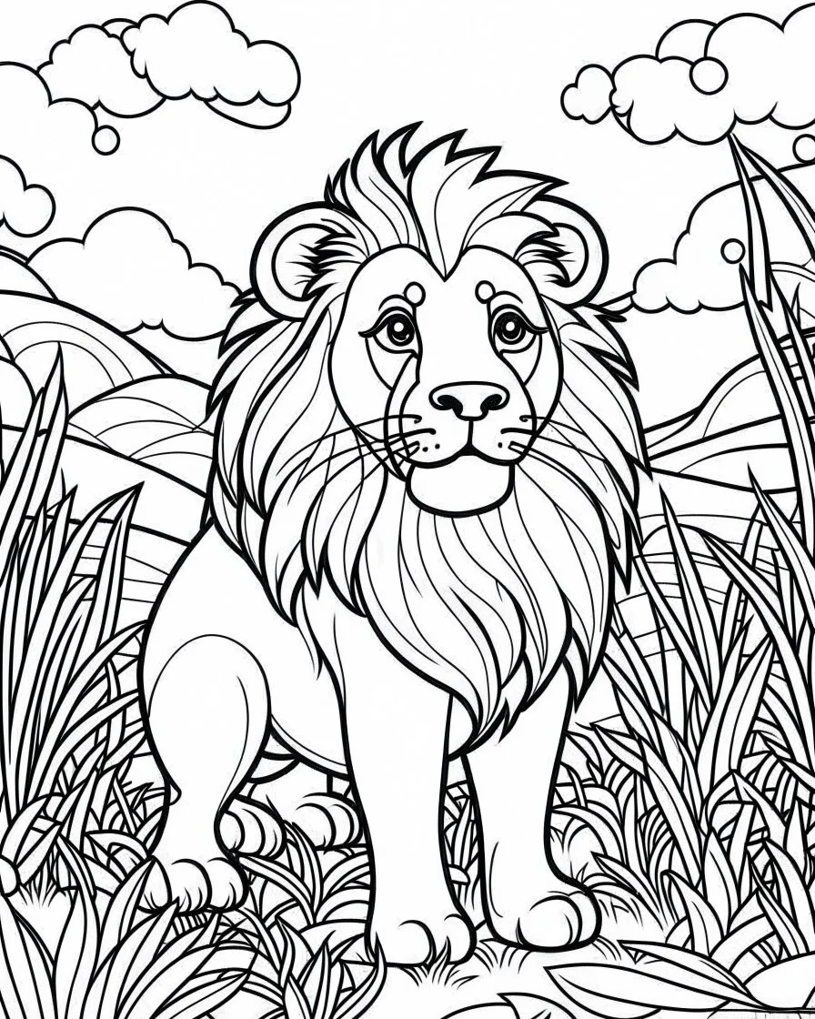 create a 2d black outline, "safari lion coloring book for kids ", coloring page, low details design, black contour, coloring page design, simple background, colorful , card style, coloring page for kids, white background, sketch style, cartioon style, safari landscape