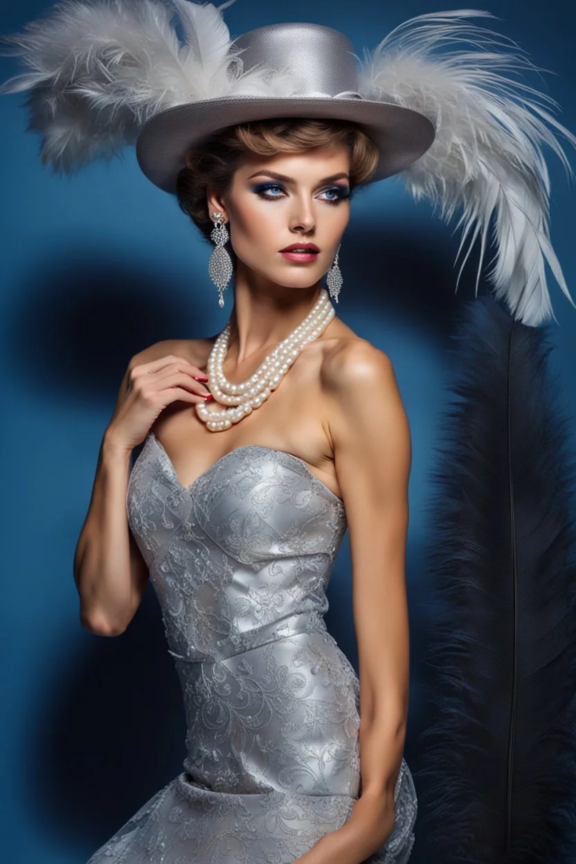 full body beautiful girl, elegant silver,lace clothes of the 80s, luxury style, small elegant hat with feather, hair of the 80s, pearl necklace, earrings masterful, beautiful face,blue backdrop