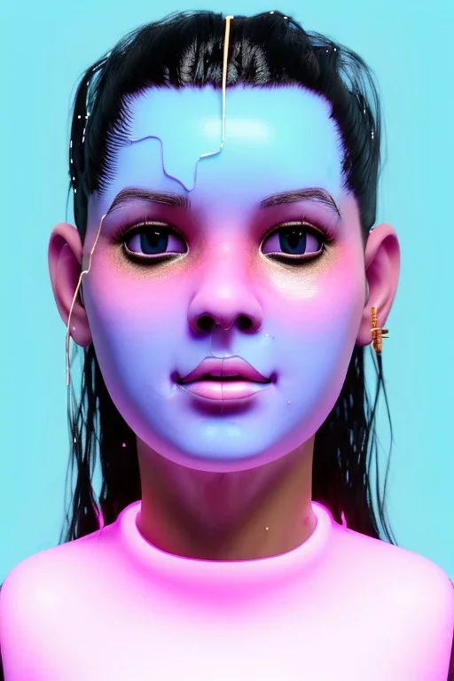 Ultra Realistic image, Rosalía artist, portrait, rounded face, portrait, two bows, little chopsticks hair , black eye long line, sweet face, t-shirt with holes, inflatable open coat, gold pink and blue style, spray line glow, big geometric led jewelry, fog, hot, inflatable style latex coat, vibrant color, highly detailed, art stations, concept art, smooth, unreal engine 5, god rays, ray tracing, RTX, lumen lighting, ultra detail, volumetric lighting, 3d, finely drawn, high definitio