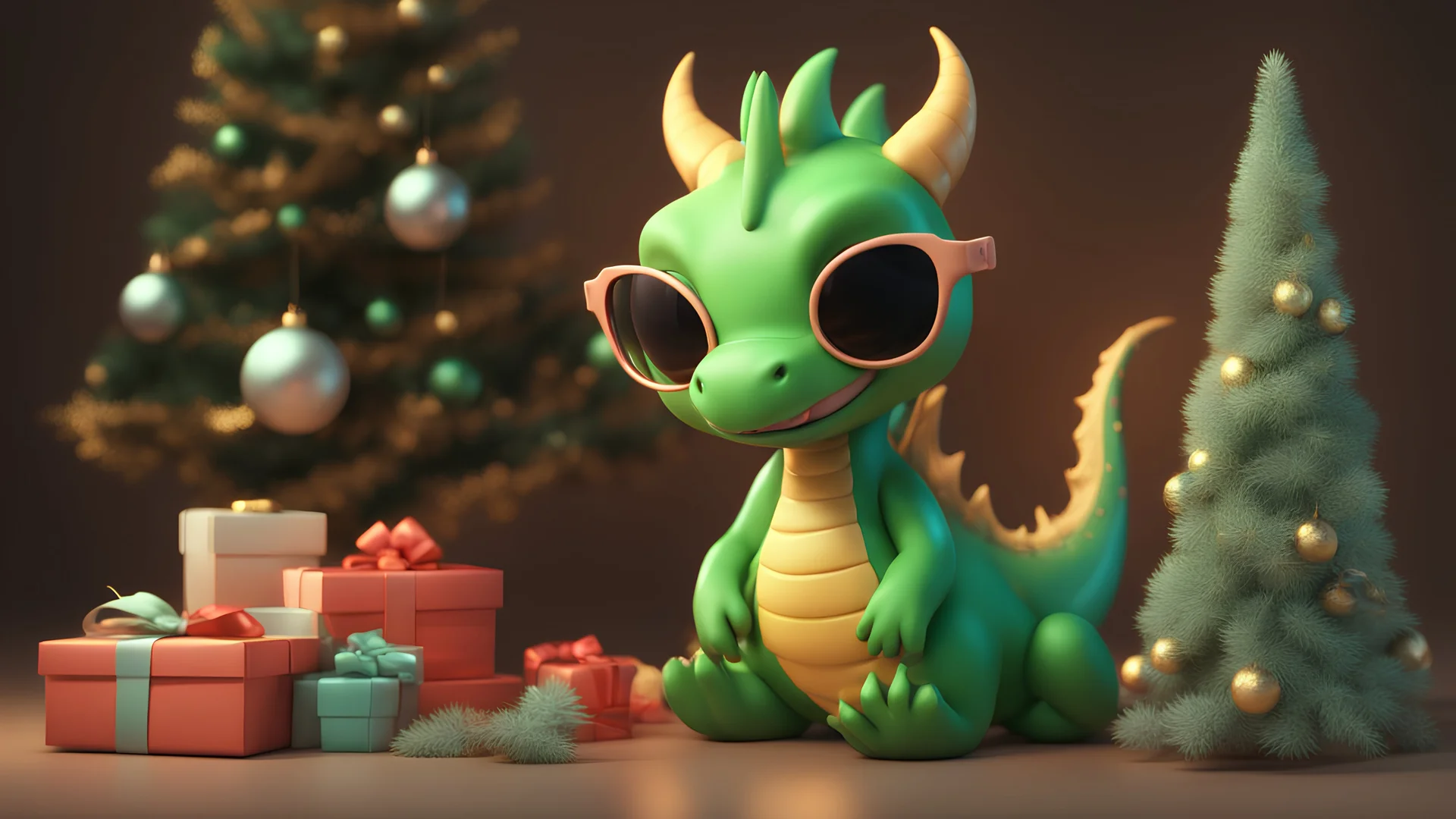 3D illustration of the magic cute green dragon with sunglasses holds gfts and smiles on background of a New Year tree, a beautiful New Year background, smooth 3d digital art, exquisite thee-dimensional rendering, 4K, blender, c4d, octane render , disney style 3d light, Zbrush sculpt, concept art, Zbrush high detail, pinterest Creature Zbrush HD sculpt, neutral lighting, 8k detail.