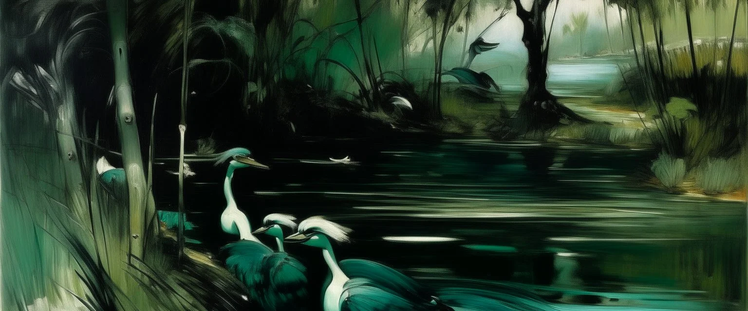 A blackish teal swamp make out of iron and energy painted by Edouard Manet