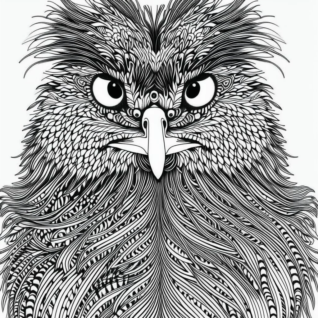 Emu, front view, mandala, minimal lines, cartoon, white back ground color, real style, realistic, minimalistic, minimal black line art, line art, crisp line art, unique coloring sheet, outlined, outline, crisp, crisp line edges, illustration, thin lines, crisp clear lines, line art, clean line art, unique, 8k, amazing, masterpiece, no colors, no dark color, no black color, avoid thick black, minimalistic line edges, pure white back ground, image character full fit to page,