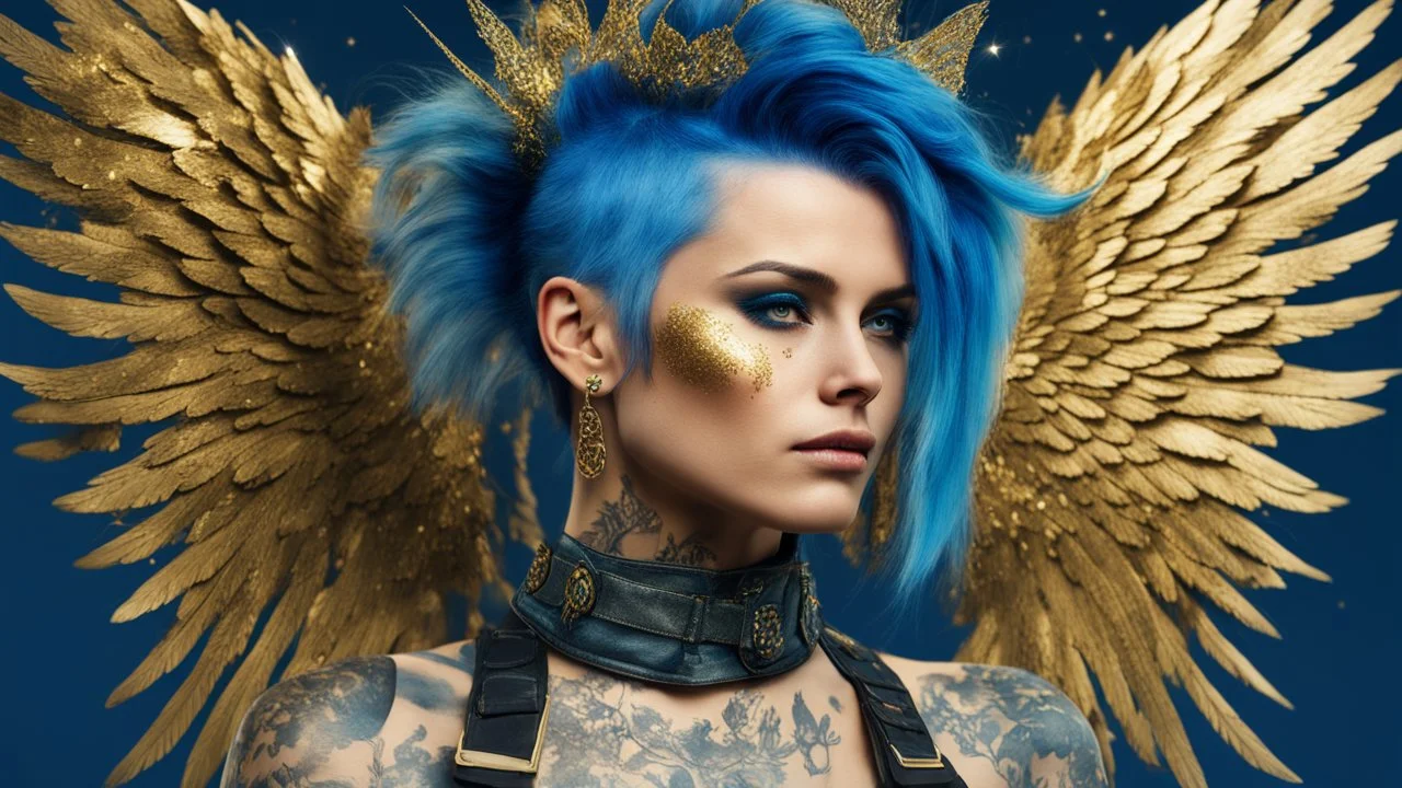 beautiful Punk woman Angel 30 years old, military clothing, mystical, bright colors, creative hairstyle, tattoo, piercing, photorealistic image, military, camouflage clothing, gold, blue, sparkles, fine rendering, high detail, 8K