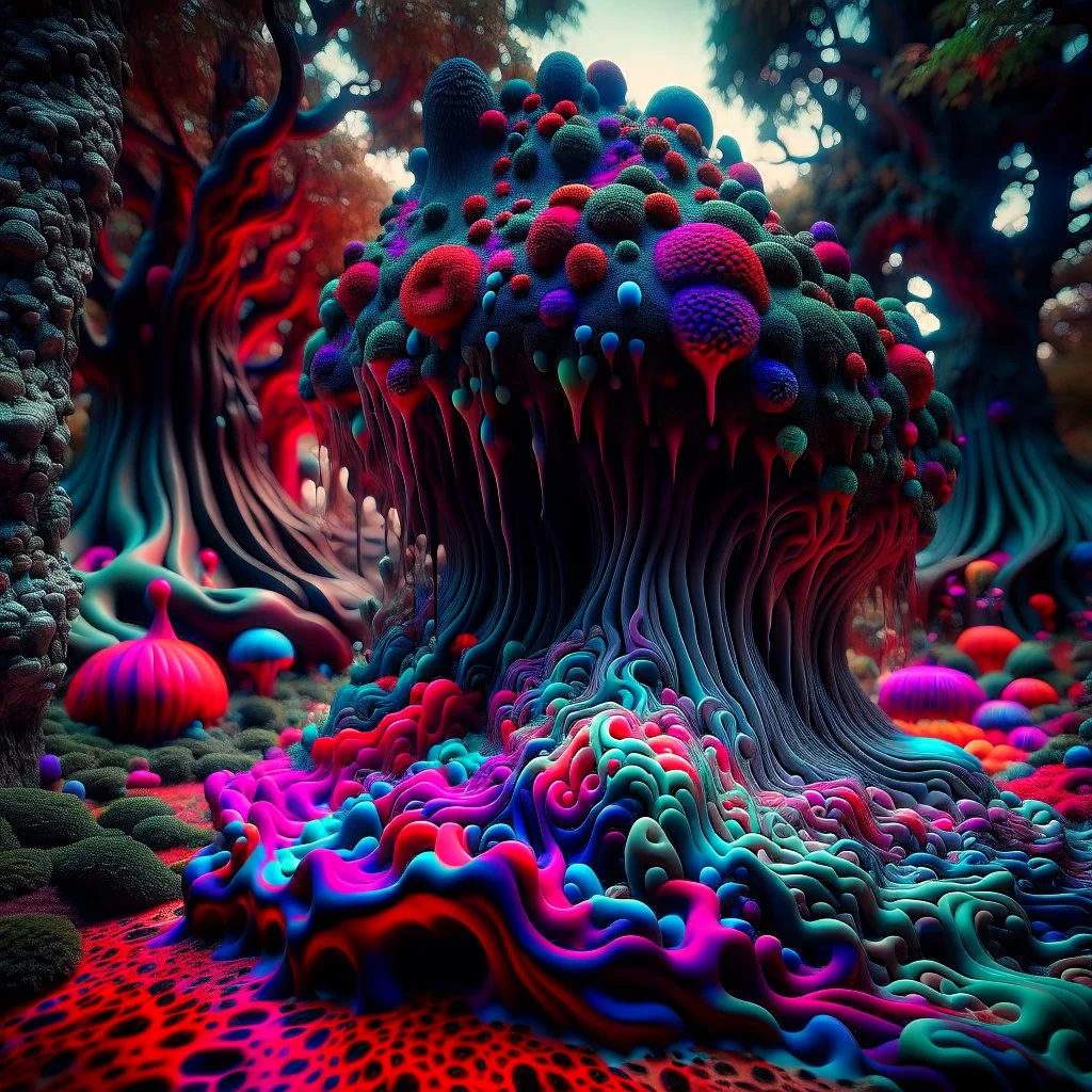 Irregular black spots, 8k, 3d render, Zdenek Burian, melting horror, tridimensional figures, intricate patterns, forest, sinister scribbles, colors, shot on Hasselblad, Yves Tanguy, tragicomic