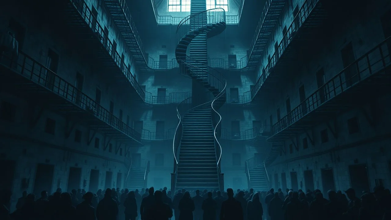 Many Stairs between walls and buildings in bleak prison, in center a big vertical spiral massive staircasel, the end of which cannot be seen, underneath many black human silhouette, dark blue and gray colors, cold, grim vibe, high detailed, surreal, dark, cinematic