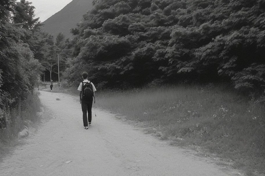 walking along a path that winds towards the top of a mountain, it is summer, photography taken with a Leica camera and 50mm lens, real photography in black and white, nostalgia