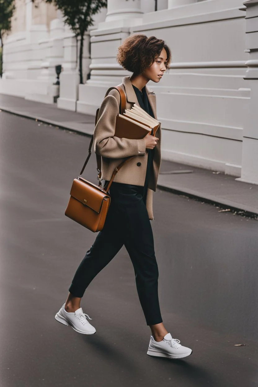 color photo of a student girl 22 years old ,short hair with her books in her hand walking in street,next to trees.