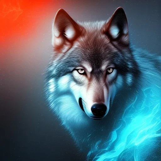 Wolf, blue, hyperrealism, masterpiece, expert, 8K, sharp focus, cinematic lighting, water, red, fire, blue