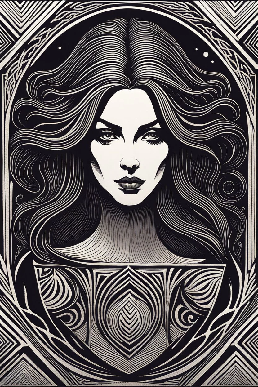 create an imaginative woodcut of an ethereal, otherworldly seductive ancient female Lasombra vampire , in the style of Gabriela Jolowicz , M.C. Escher, and Hasui Kawase