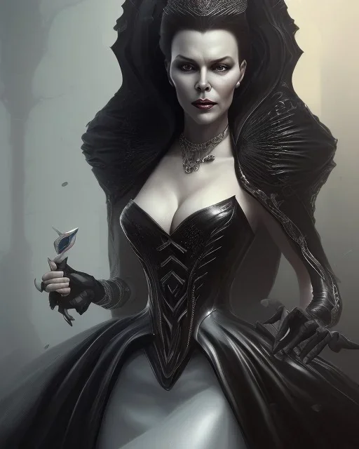 old evil queen in black leather gown, femme fatale, volouptous, busty, cleavage, angry, emperious, 8k resolution concept art portrait by Greg Rutkowski,