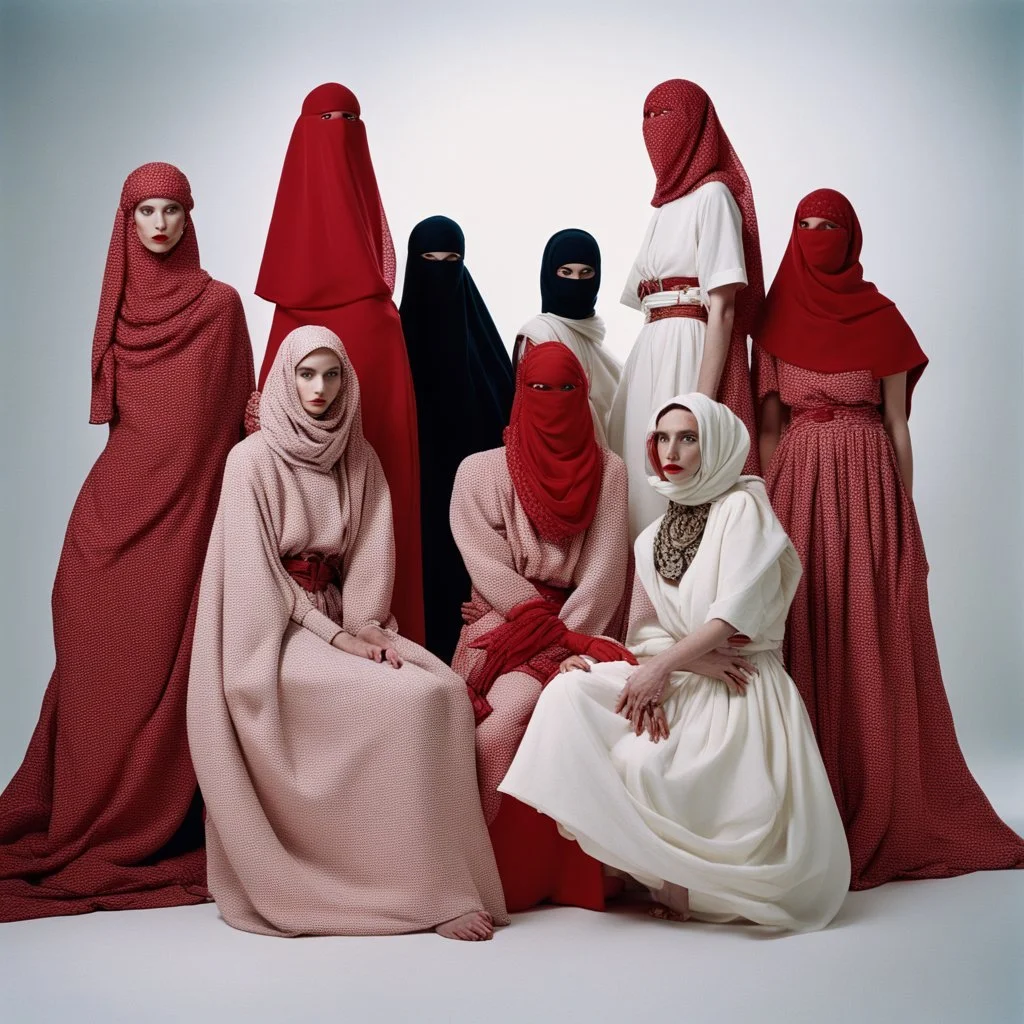 A fashion photography of a group wearing traditional Middle Eastern , no face in a white studio with a red scarf around the head and a long skirt, posing for Vogue magazine in the style of James Bidgood photographed in the style of Tim Walker. --ar 101:128 --v 6. 0