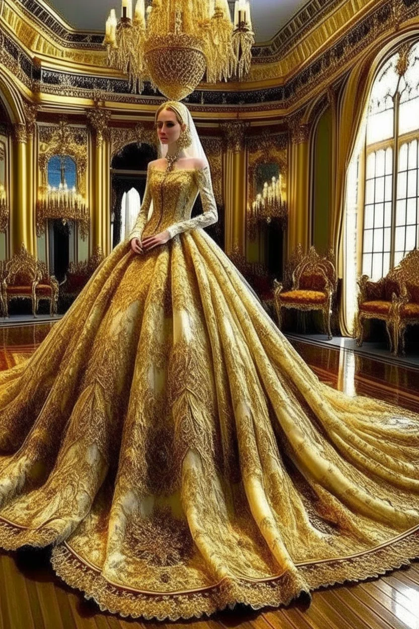 a very royal near easten golden luxurious and big wedding dress