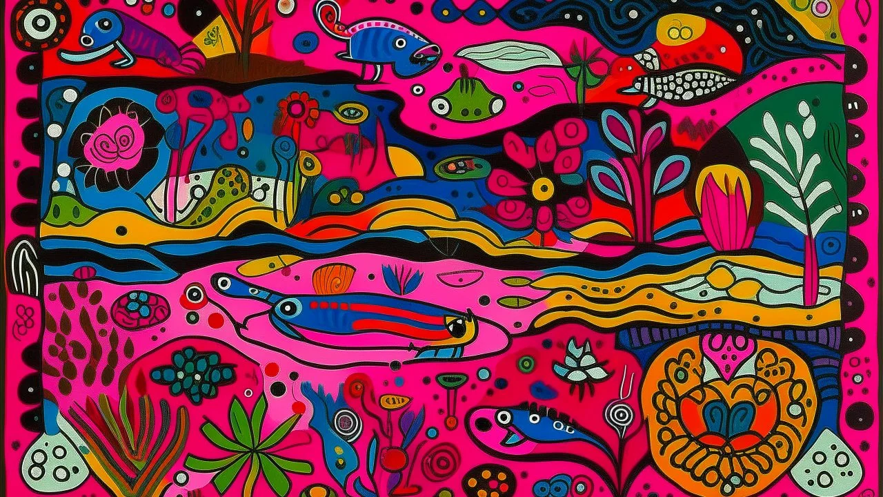 A magenta psychic swamp with frogs designed in Kuna Molas painted by Wassily Kandinsky