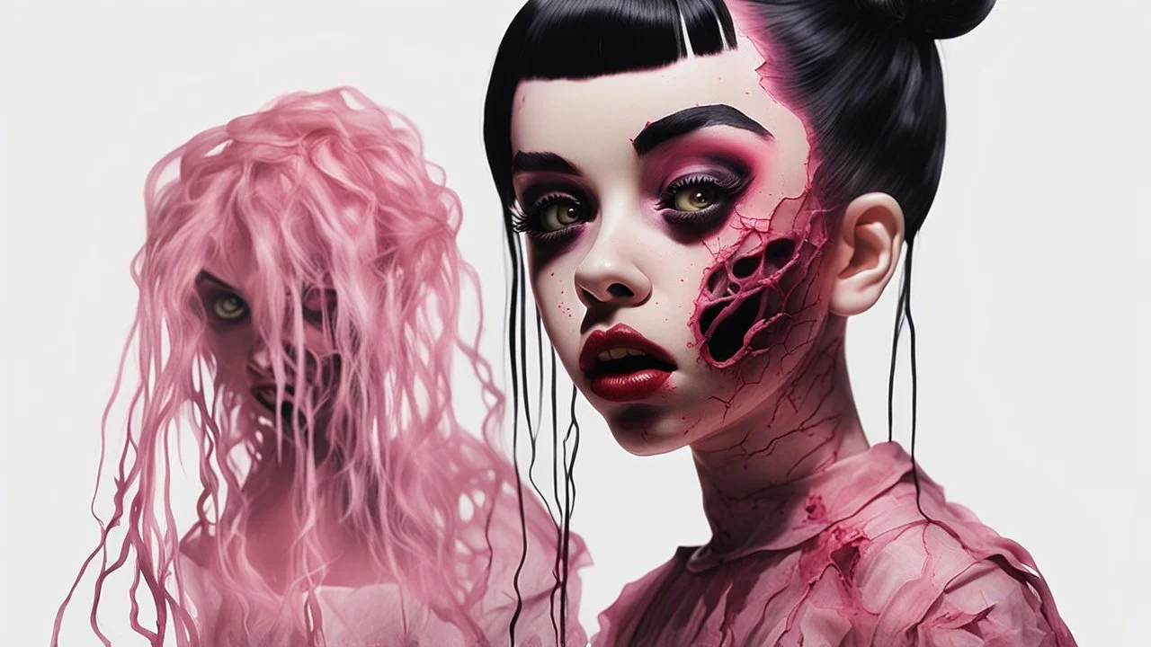 full color, illustration of a darkred and pink tones, menacing, Singer Melanie Martinez face, as a decayed, broken, skin turned translucent, black veins that extended like roots beneath her skin, latex suit, crude homemade cloth doll toy, with a narrow cracked porcelain face, thick dark eyebrows, hair in two gradually, made from ragged strips of cloth, in the style of Alex Pardee, Tim Burton, and Nadya Sheremet