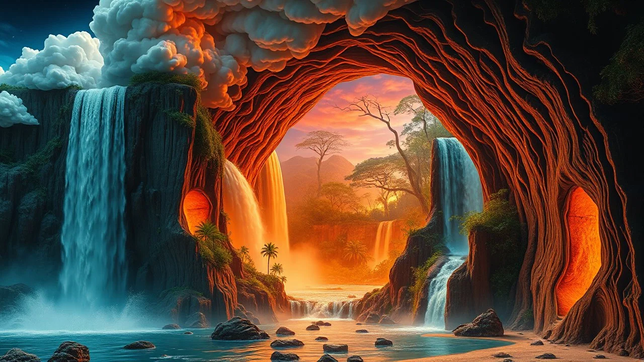 waterfall full of holes with various jungle flowing spiral cloud neon colorful Unique open cliff burning rippled surrealistic artwork with shiny shackled by cliff and sea island, while holding a waterfall doing pulling, the open cavity inside the body is a scene of an ancient Egyptian painting in the Gesang desert 5D diorama, with seven open panels revealing a forest with a thousand shadows, giving a triple exposure effect on a Balinese girl and her telepathy waves with magic breast milk