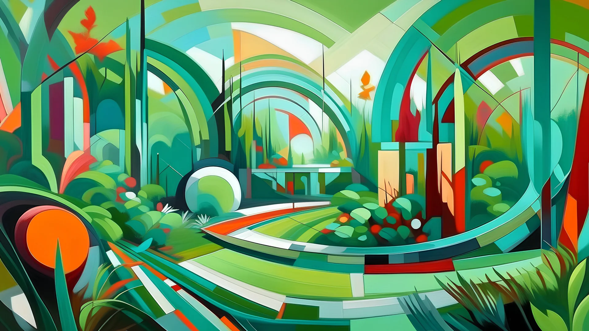 Expressive and ultra geometric painting of a futuristic and sustainable garden landscape.