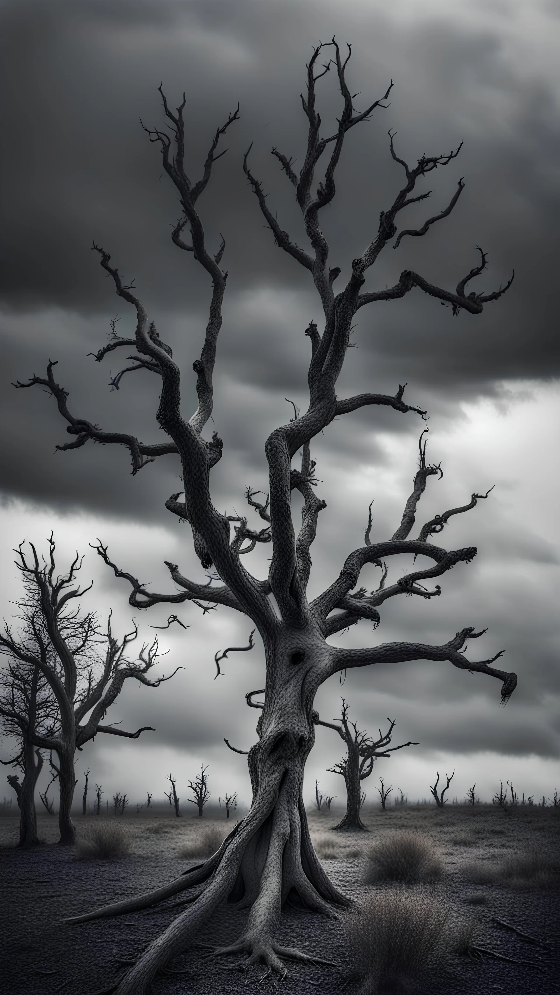 Very creepy dead trees in gray tones, gloomy clouds