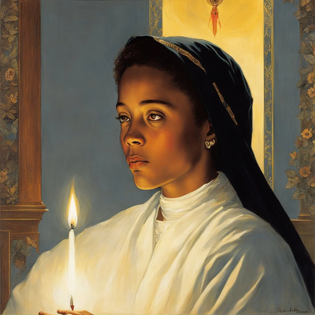 [art by Norman Rockwell] In the flickering candlelight, Roupinho would sit in silence, his eyes fixed upon the serene countenance of the Black Madonna. He would study the delicate features, the gentle curve of her smile, and the compassion that seemed to emanate from her eyes. It was as if she understood the struggles that plagued his heart and offered solace in return. As he rose from his knees, Roupinho would press a kiss to the hilt of his sword, his lips brushing against the cold steel. It w