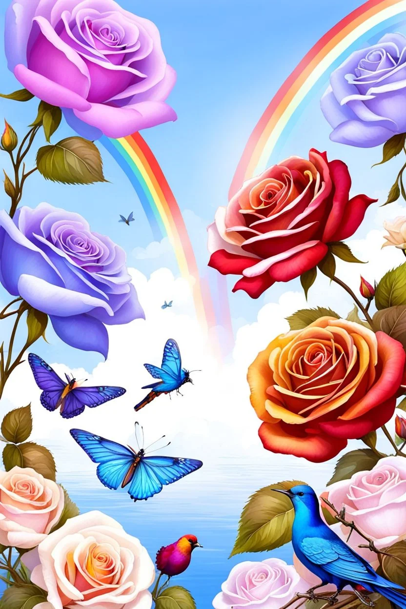 Trés belles roses, rainbows, beautiful colors gardens , flowers, cascades,Birds, butterfly