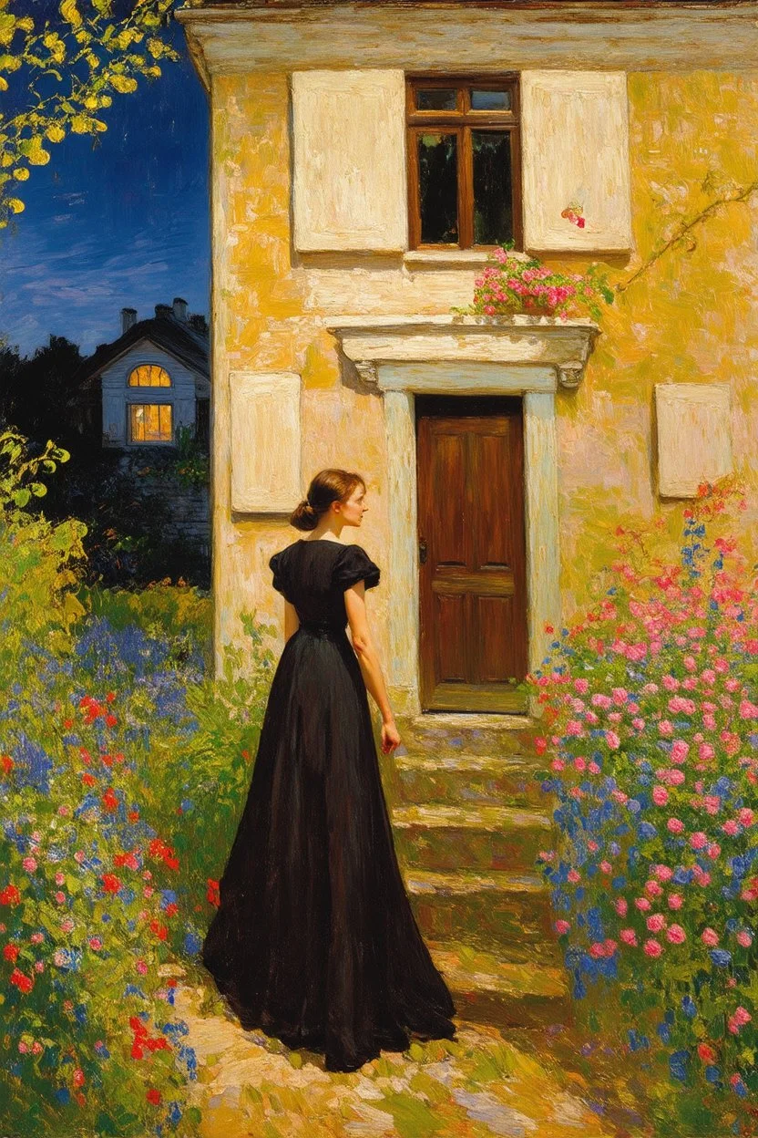 Night, vegetations, flowers, one woman looking at a distant house, mistery, gothic horror films influence, gustave caillebotte, and gustave moreau paintings