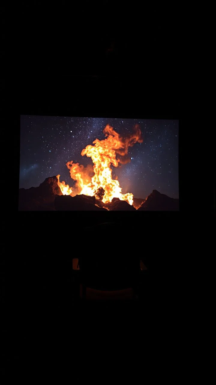 An old movie projector in side an empty dark room with an empty chair facing the screen, in the screen is picture of fire in the sky in the starry night on burned slide picture the , show the beam of the projector to the screen