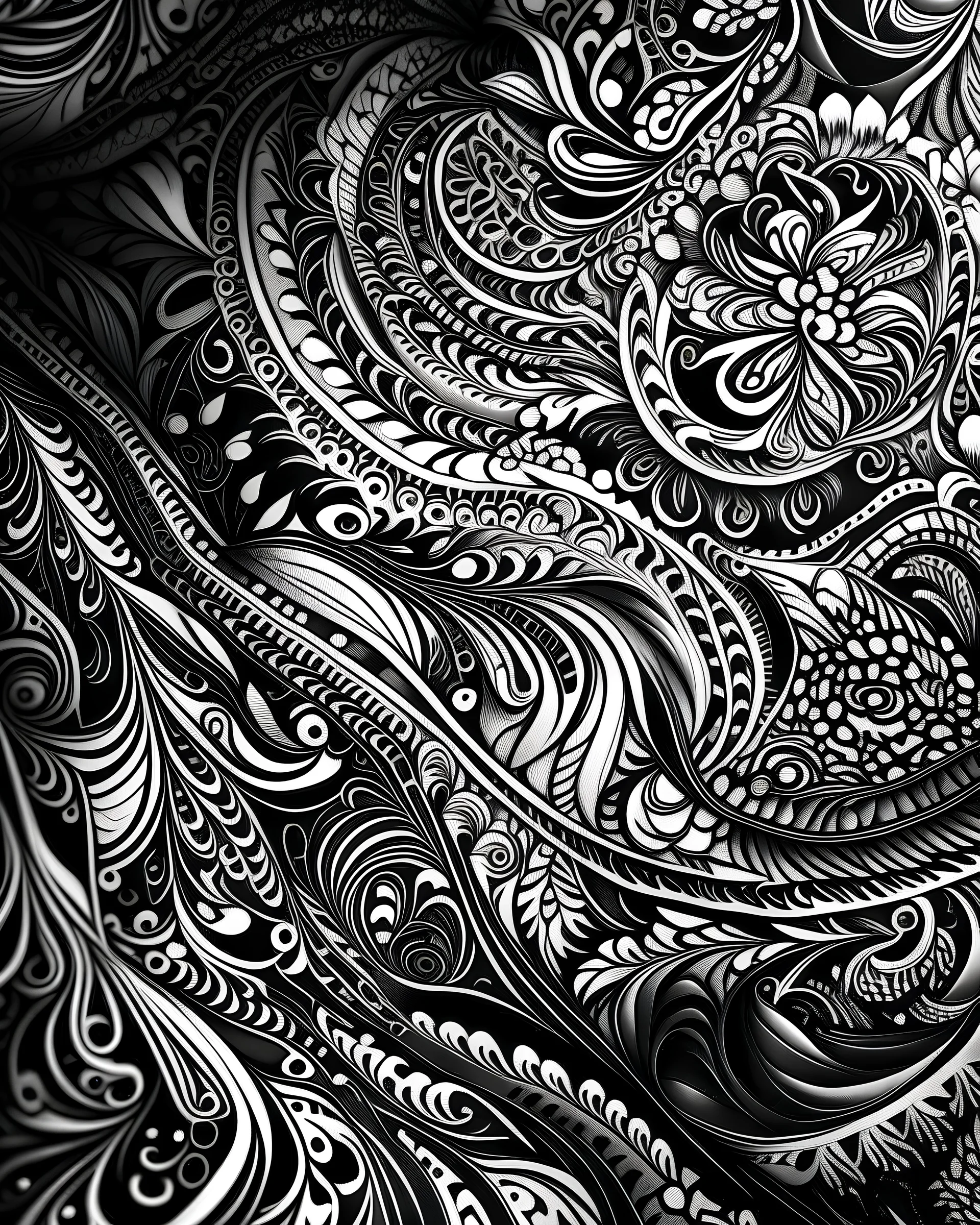 black and white, intricate details,