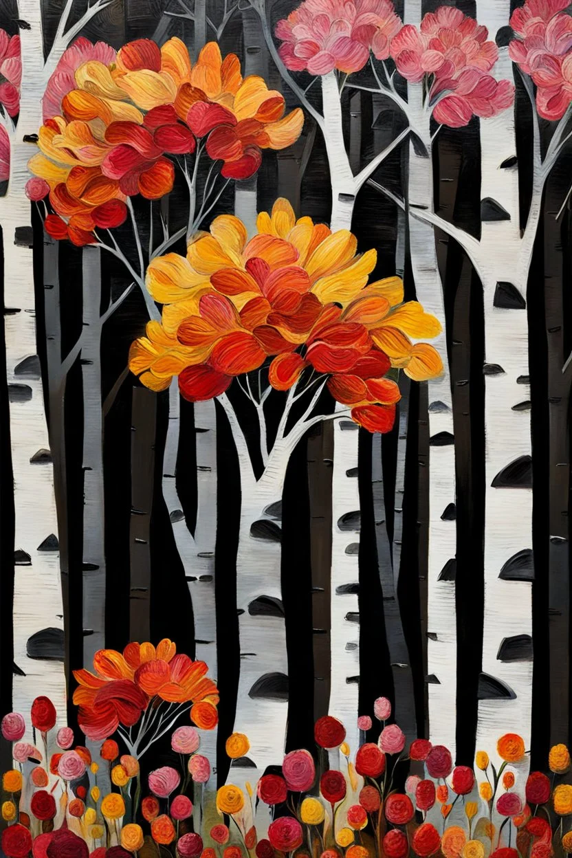 red, orange, yellow, pink flowers before birches. detalied, extremely high textured, botanical theme, with five, very thick layers of paint, with some brush bristles