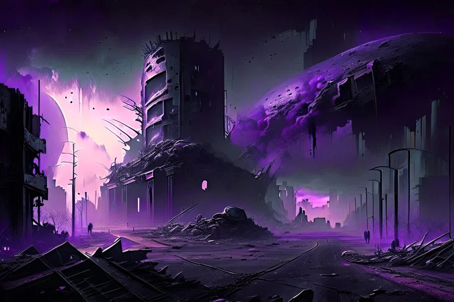 Destroyed City, Street View, Dense Purple Fog, Dead Soil, Broken Roads ,Black Night Sky, Stars, Space, Distant Alien Planets, Sci-fi Outpost, Large Walls and watchtower,