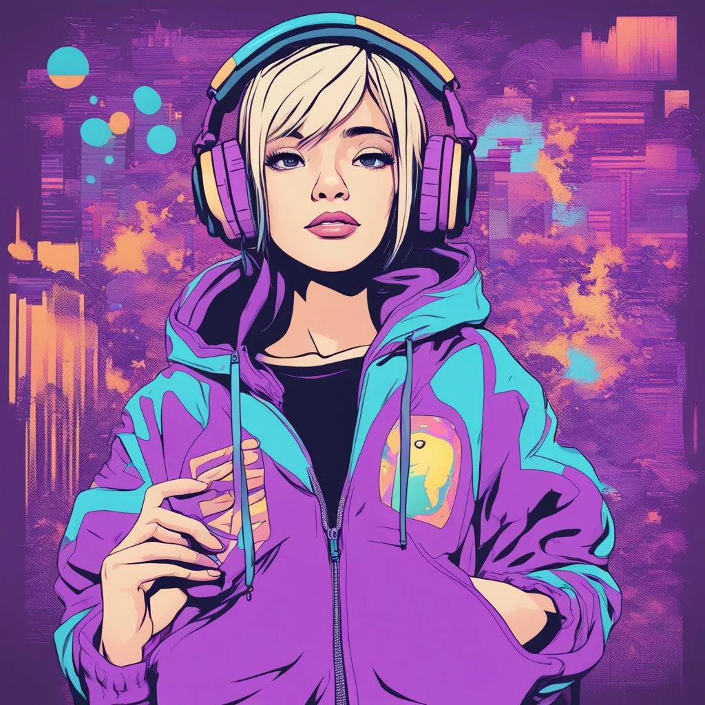 masterpiece, intricate details, a wide angle 2D anime bold line flat colour illustration of a cheerful girl in a high purple hoodie and headphone in hip hop style, dopamine style, overlaying mixed patterns of pop art text and emoji device installations, sharp focus, boy character illustration, beautiful vibrant kuler palette gradient