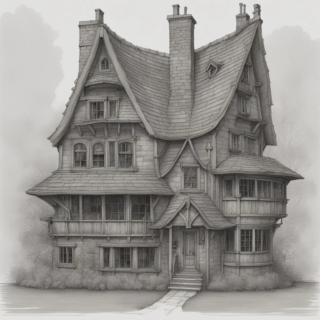 A highly detailed front elevation line drawing of a crooked fantasy house, with a twisted tall chimney, rooms and floors added to the sides and roofs, like Harry Potter's the Burrow.