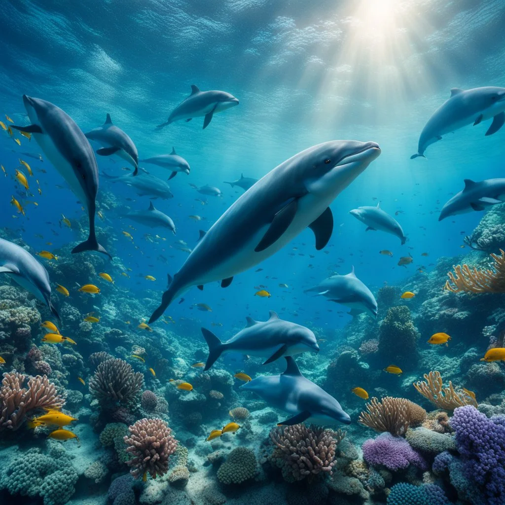 Underwater world in the Red Sea in Egypt, with dolphins and different types and colors of fish, realistic, detailed / HD quality --v 6.0, Canon EOS R5, edge lighting, cinematic lighting, translucency, extrusion and gradient value change, specular darkening and contrast, strong occlusion of the surrounding overlay, depth parallax, photorealistic, 4K , 3D