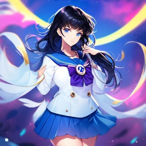 Clear focus, High resolution, girl wearing a purple sailor moon outfit, long fluffy black hair, blue eyes, wearing a sailor uniform skirt including color and length