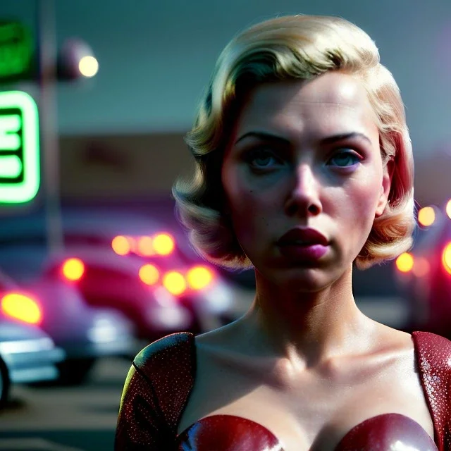 Ultra Realistic retro sci-fi movie Supermarket parking people scene, 1960 year, waist up view portrait, 1 blonde women and 1 octopus alien, sweet scarlet Johansson face, perfect iris, glow eyes, face makeup, tight latex coat. many people looking, Retro sci-fi style, soft color, highly detailed, unreal engine 5, ray tracing, RTX, lumen lighting, ultra detail, volumetric lighting, 3d, finely drawn, high definition, high resolution.