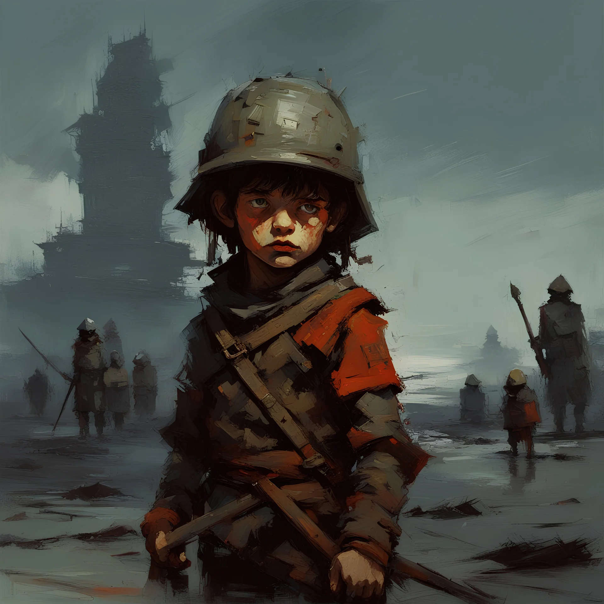 A harsh warrior boy against the background of a great battle, horror and fear, death and suffering, cold colors, oil, Ian McQue