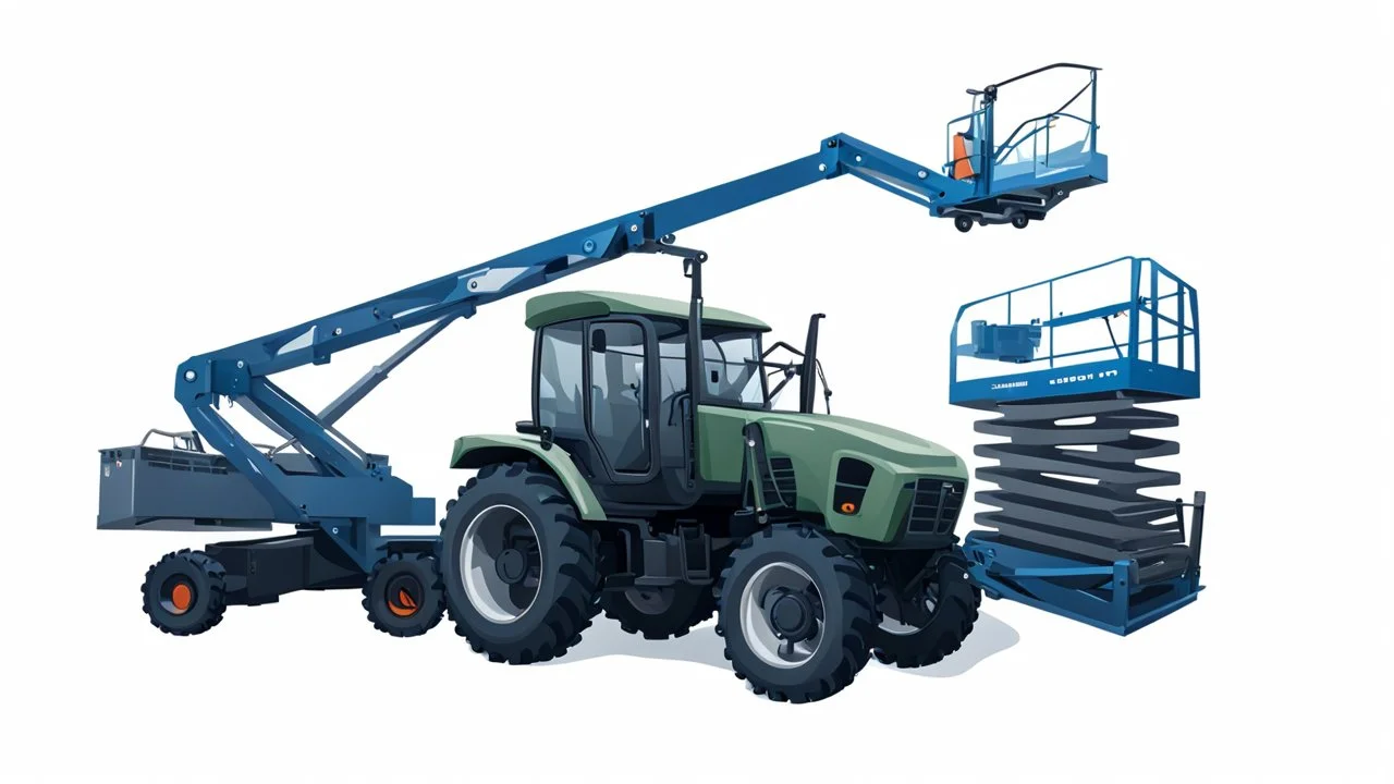 a generic Boom-lift, tractor and scissor-lift on a white background. Smooth vector