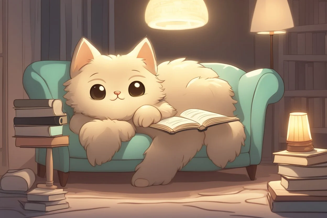 cute chibi fluffy beige bioluminescent cat reading a book sitting on a sofa next to a glowing tiffany lamp in a modern room