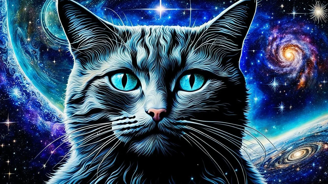 cat-alien stunning weird hybrid , in background galaxy, stars, fantasy, detailed, masterpiece intricate on encaustic deep Byzantian space ancient art , details, HDR, glitch, metallic, cold colors, sharp focus, 64 megapixels, sci-fi mood