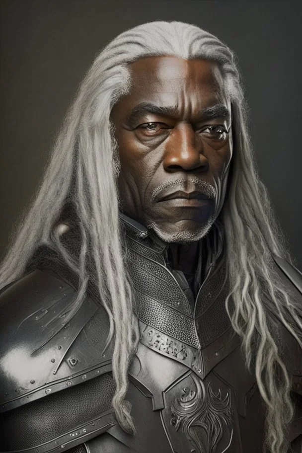 Portrait of a black man, fifty years, wearing a leather armor, long gray hair