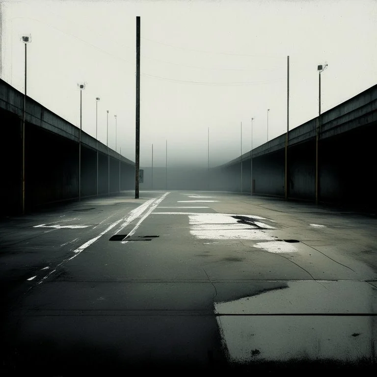 Minimal contemporary abstract oil paintings of desolate 1960s carpark with road markings and concrete fragments. Lone figure. Overlay with grungy typography graphics. style of Justin Mortimer and Francis Bacon.