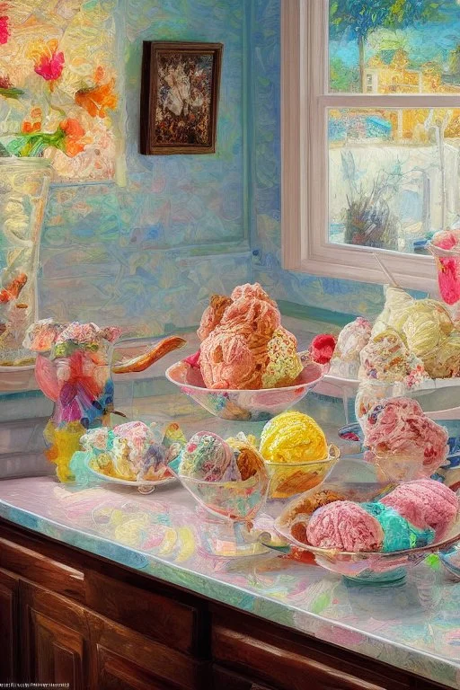 Beautiful ice-cream sundaes on a modern kitchen counter, on embroidered lace, Hyper realistic, oil on canvas award winning fantastic view ultra detailed acrylic art Ultra realistic Impressionism Surrealism simen johan, sharp focus intricate oil on canvas cinematic lighting photorealistic high detail ultra detailed crisp quality in sunshine