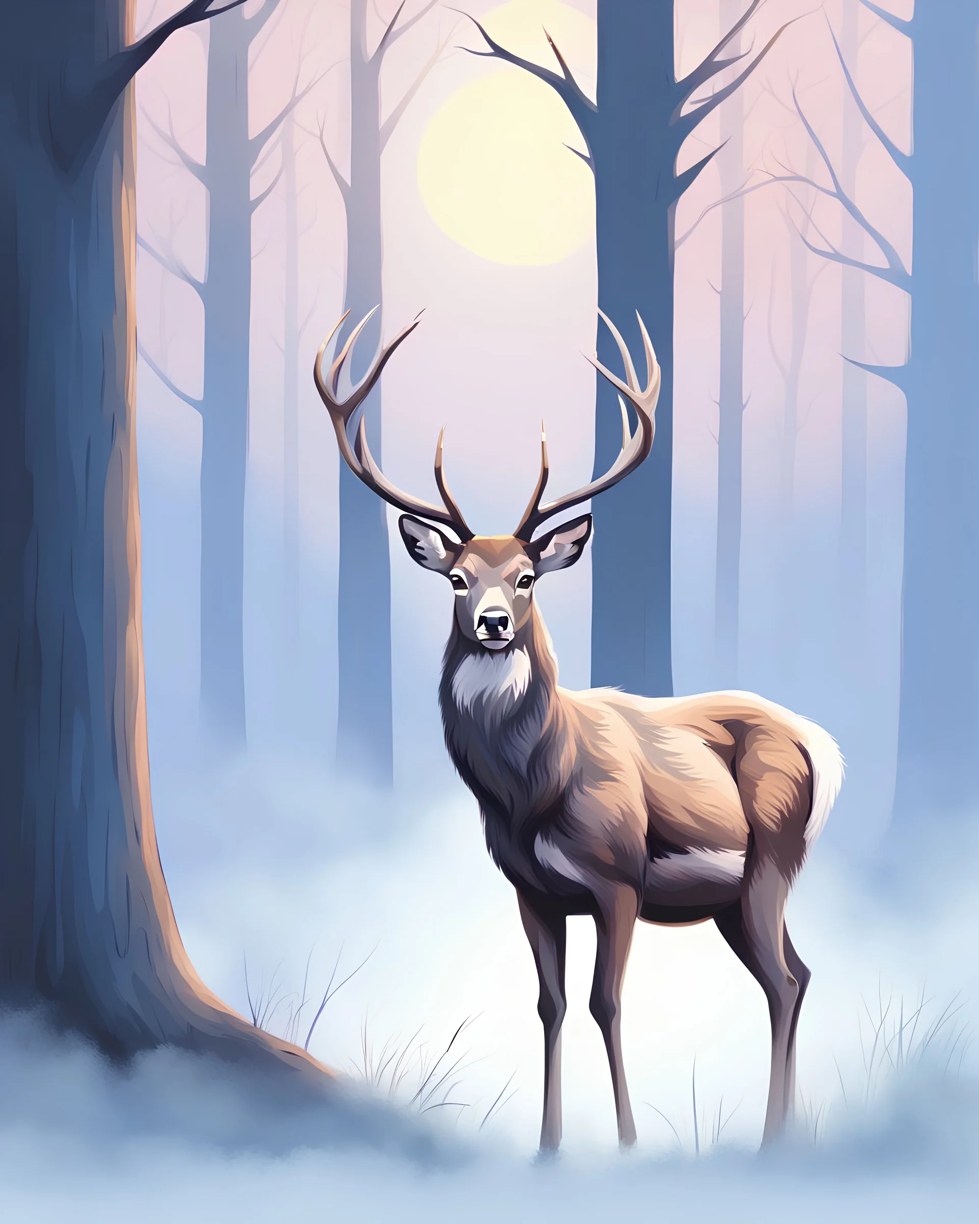 night, deer with antlers standing sideways, looking at viewer, realistic water color painted, among light colored tall simplified tree trunks, foggy, Easter Spring pastel colors, colorful, dark background