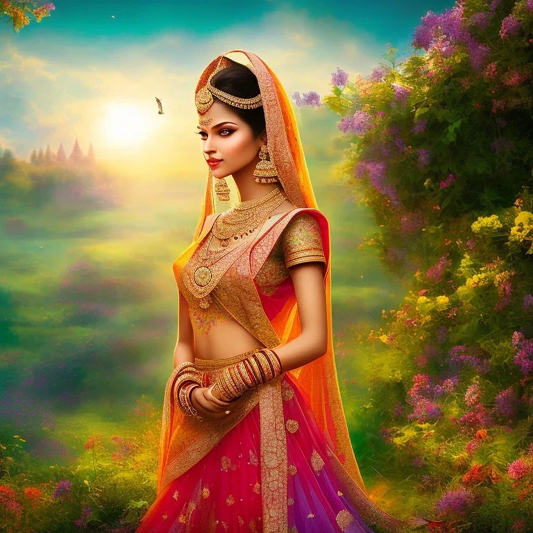 bright indian fairy, beautiful portrait, flowery landscape, light, sun