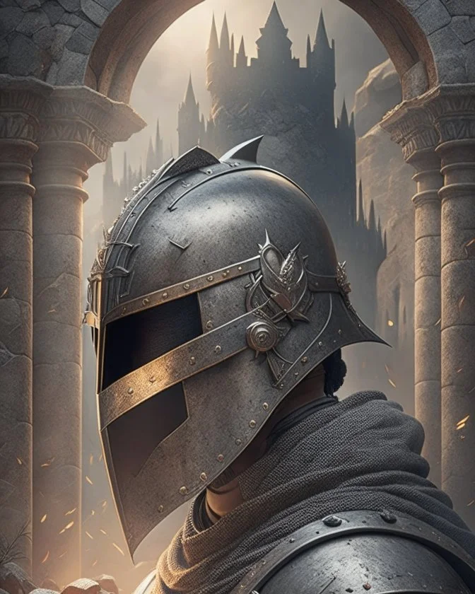 Dark souls Knight, aura, portrait, background Dark souls like ruins, comic style, helmet,
