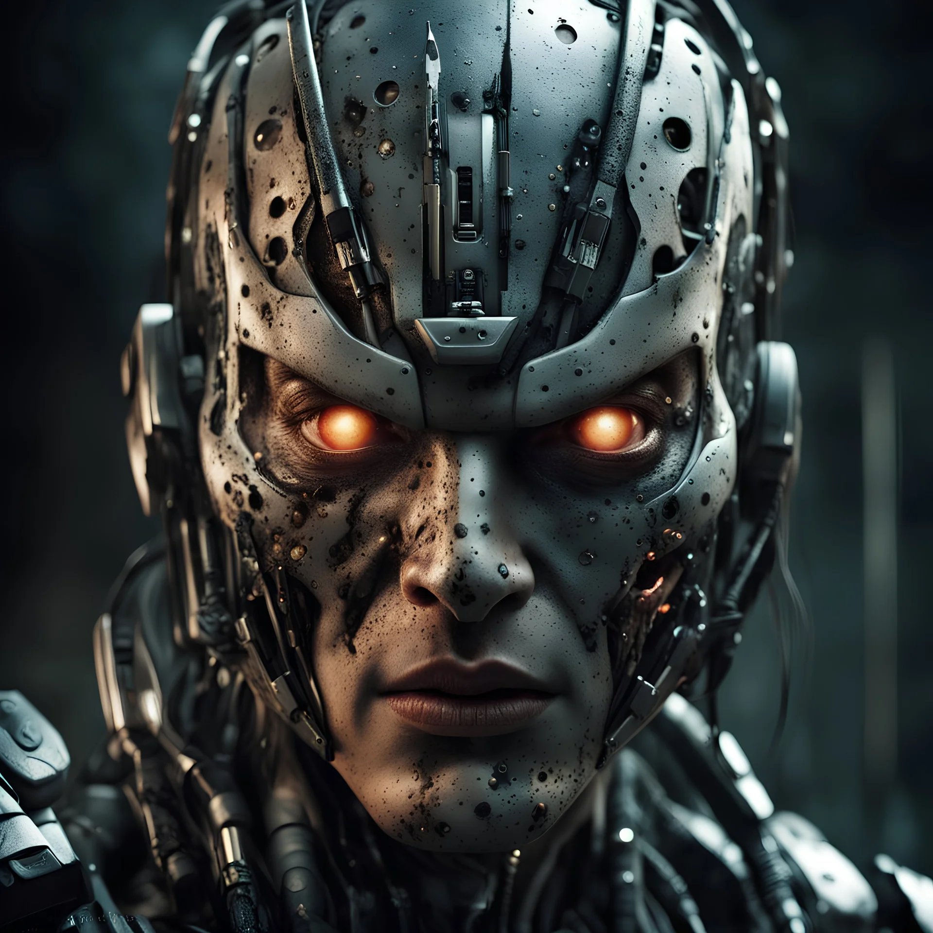 a close up portrait of an evil combat cyborg. photorealistic. predator meets the matrix meets the Borg. the lighting should be dark. it's approaching you from the shadows. it's battle damaged. some burn marks and bullet holes. incredibly ominous. one eye is a targetting device.