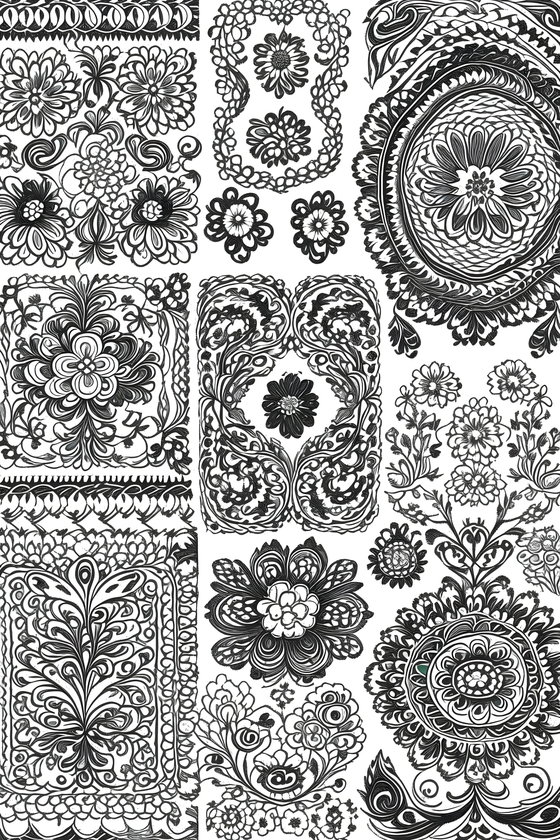 Draw a page with folk traditional patterns from Germany in fine work black in on white background