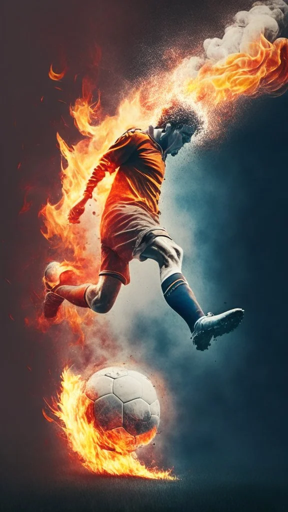 soccer player kicking a ball covered in fire