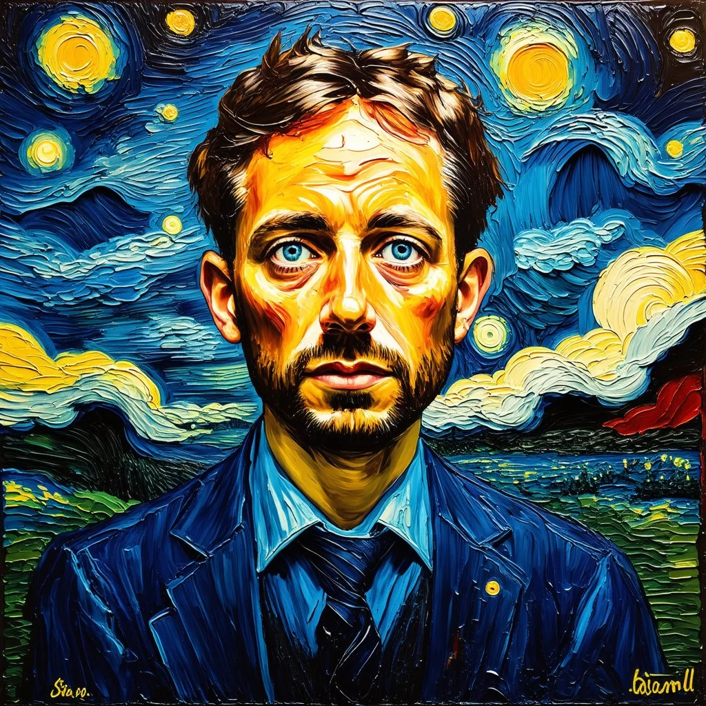 Dark and abstract depiction of a mental crisis, using oil painting style inspired by Vincent Van Gogh's "Starry Night", with chaotic brushstrokes and vibrant colors to convey the intensity of emotions. The central figure is a distorted self-portrait of the artist, surrounded by swirling clouds and ominous shadows.